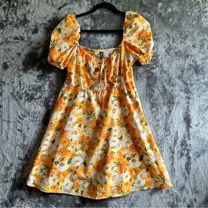 H&M Divided Womens Medium Floral Mini Dress Puff Sleeve Cut Out Cottagecore Boho